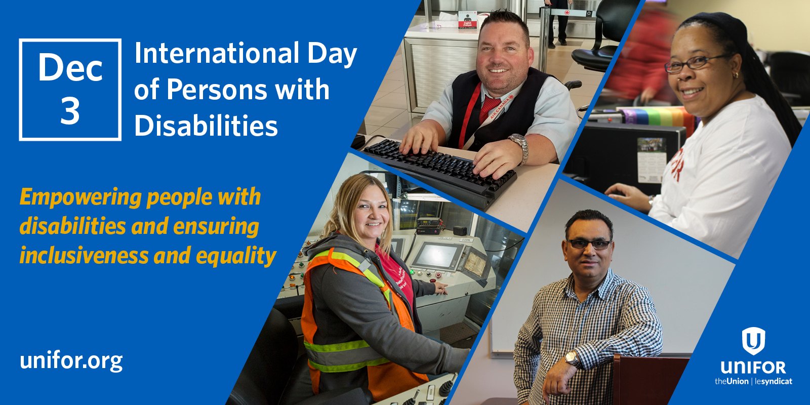 White text reads: Dec 3 International Day of Persons with Disabilities. Empowering people with disabilities and ensuring inclusiveness and equality, a collage of four worker profiles 