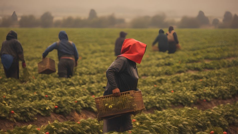 Agricultural workers picking rows of crops in a field