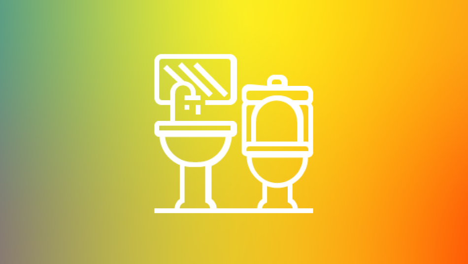 line illustration of a toilet, a sink, and a mirror on a bright gradient background