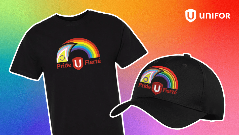 a rainbow graphic background with a black t-shirt and hat that have a rainbow and Unifor shield