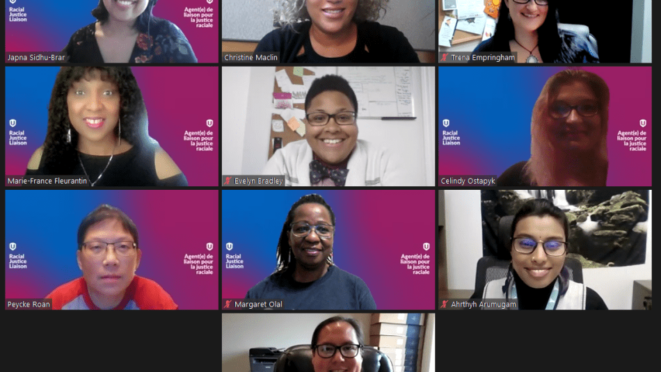 Capture d'écran de 10 agentes de liaison pour la justice raciale d'Unifor souriantes, chacune dans sa propre fenêtre sur Zoom.