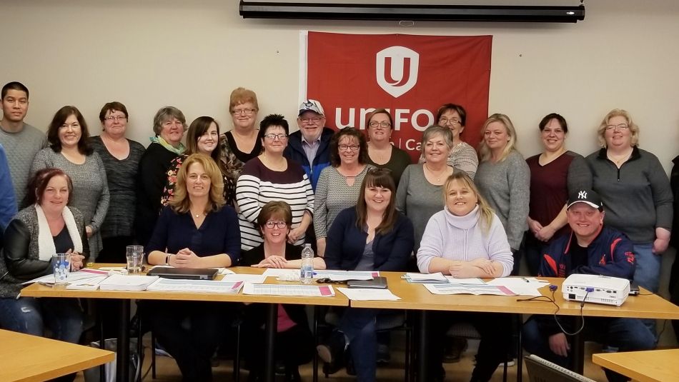 Katha Fortier and Linda MacNeil with Unifor members representing Nova Scotia health care workers.