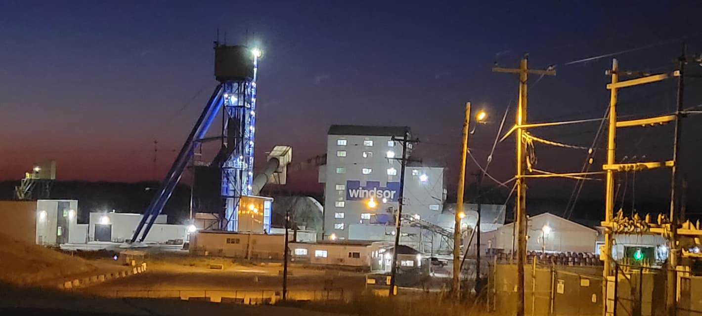 Canadian Salt industrial buildings at night in Pugwash, Nova Scotia