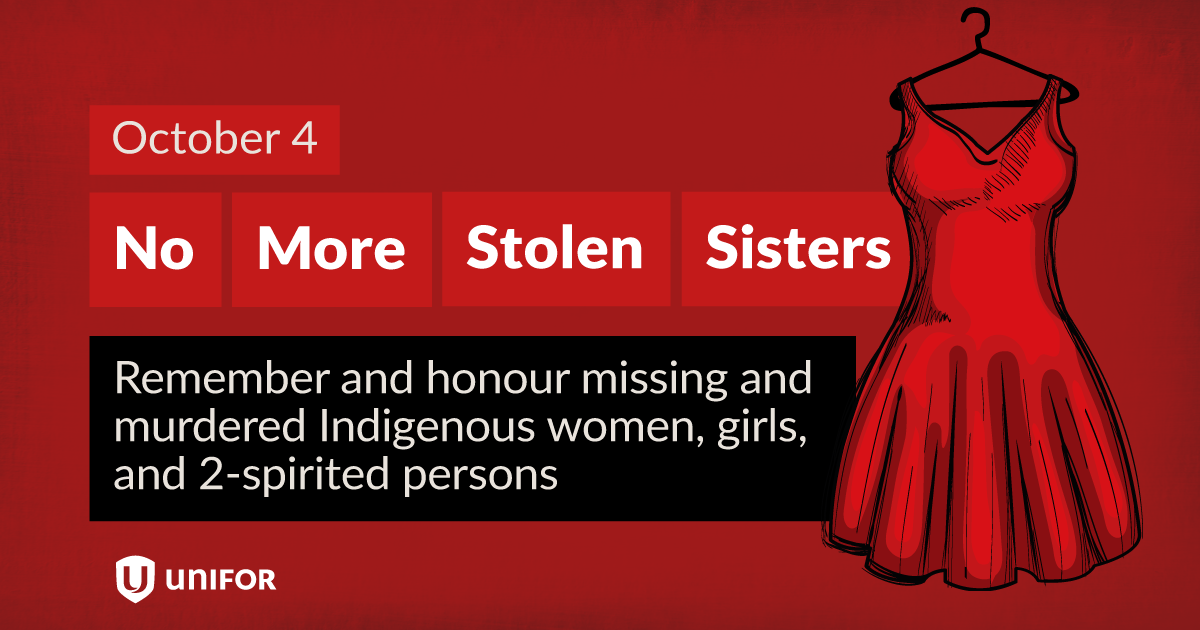 An illustrated red dress on a hanger accompanying text "No more stolen sisters: Remember and honour missing and murdered Indigenous women, girls, and 2-spirited persons"