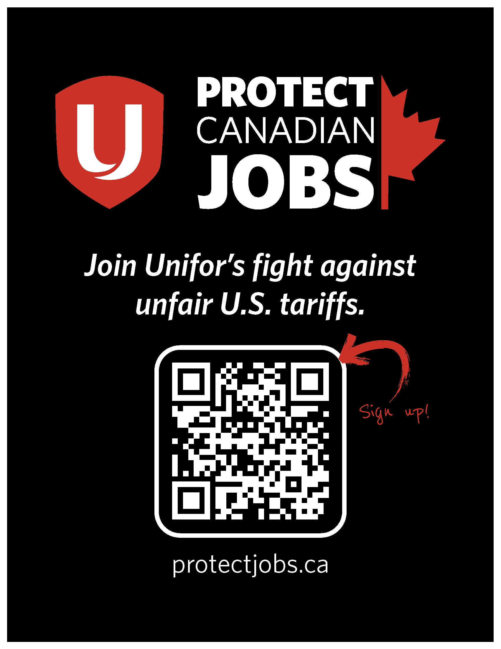 Protect Canadian Jobs poster a Unifor logo and a QR code