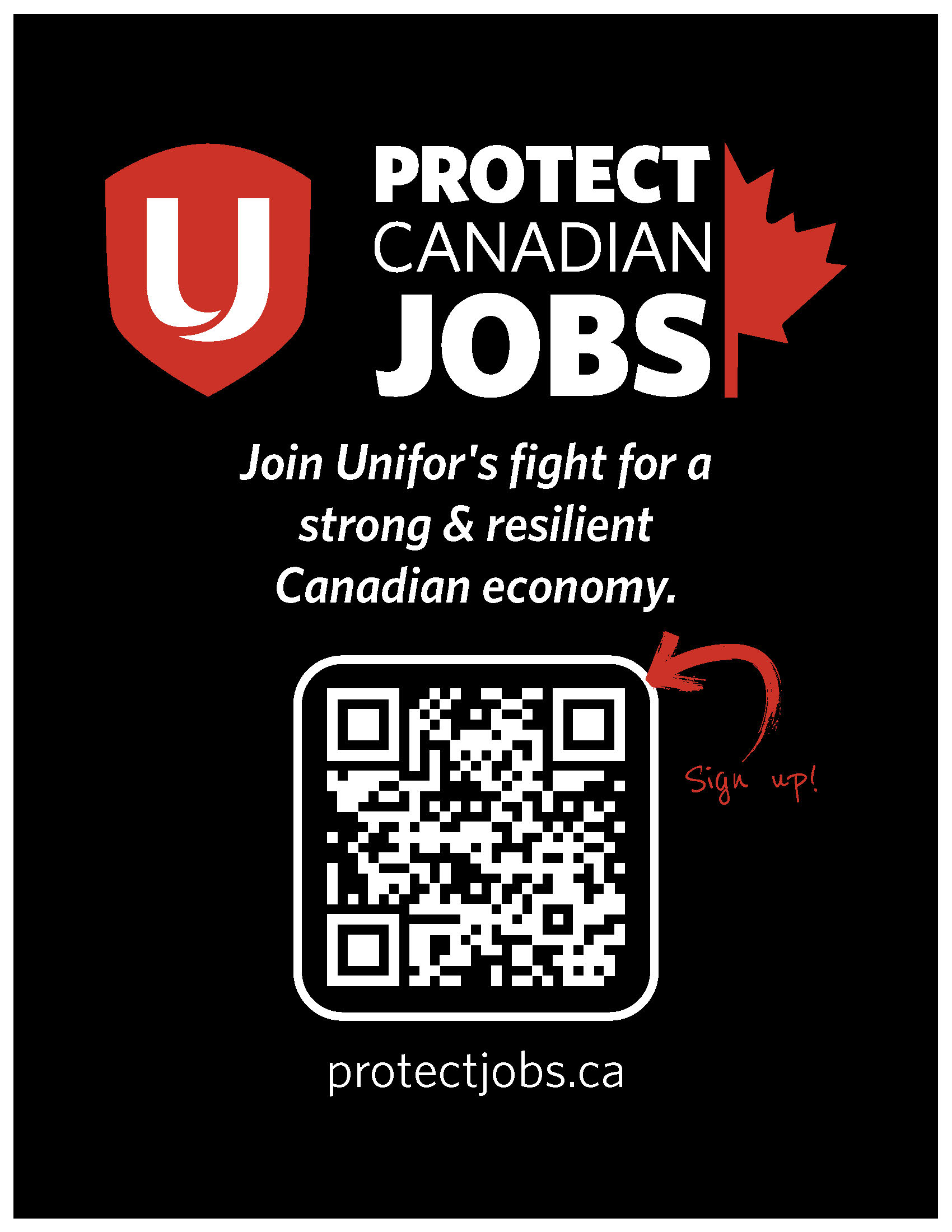 Protect Canadian Jobs a Unifor logo and a QR code