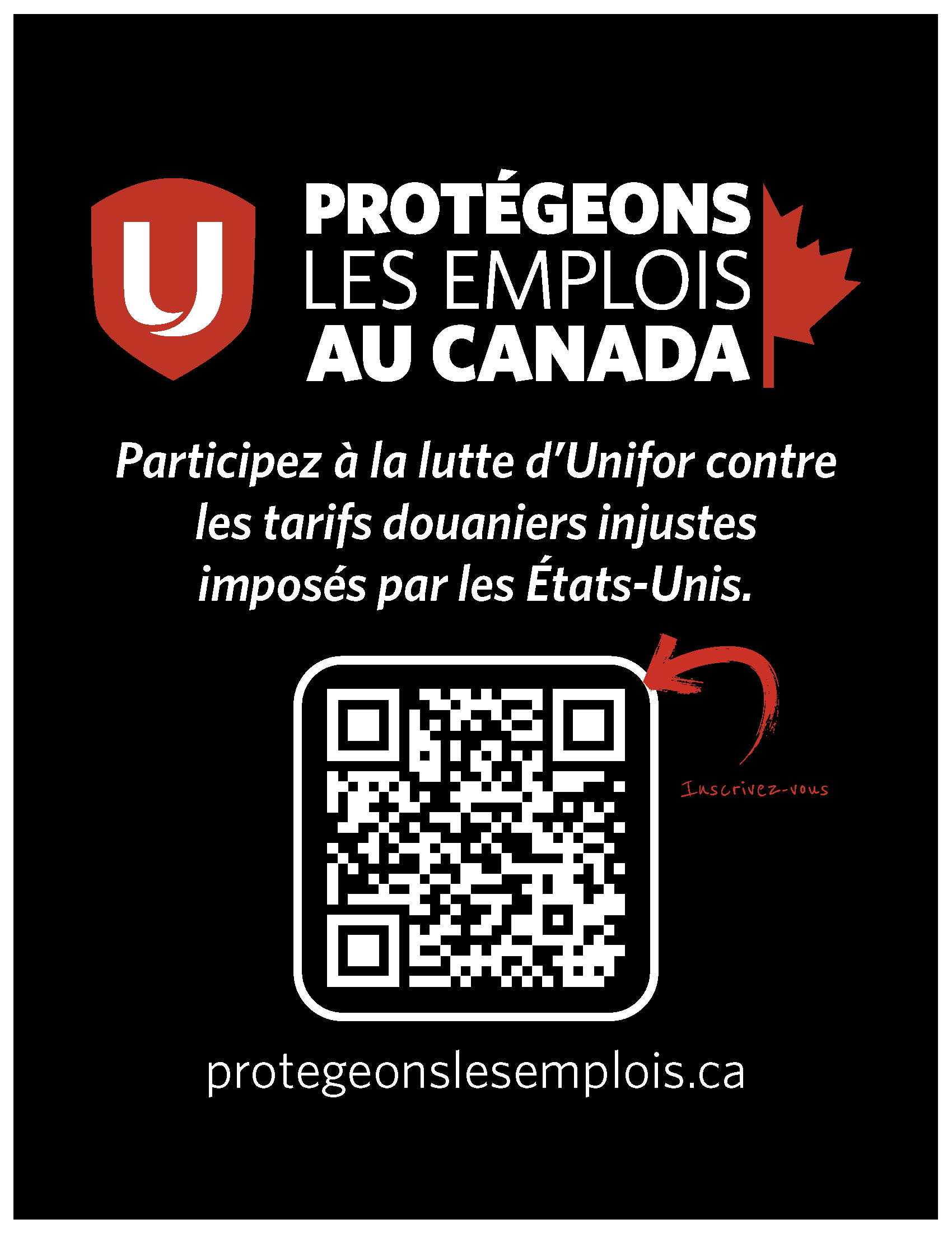 Le logo « Unifor protège les emplois canadiens », un bouclier, une demi-feuille d’érable et un code QR.