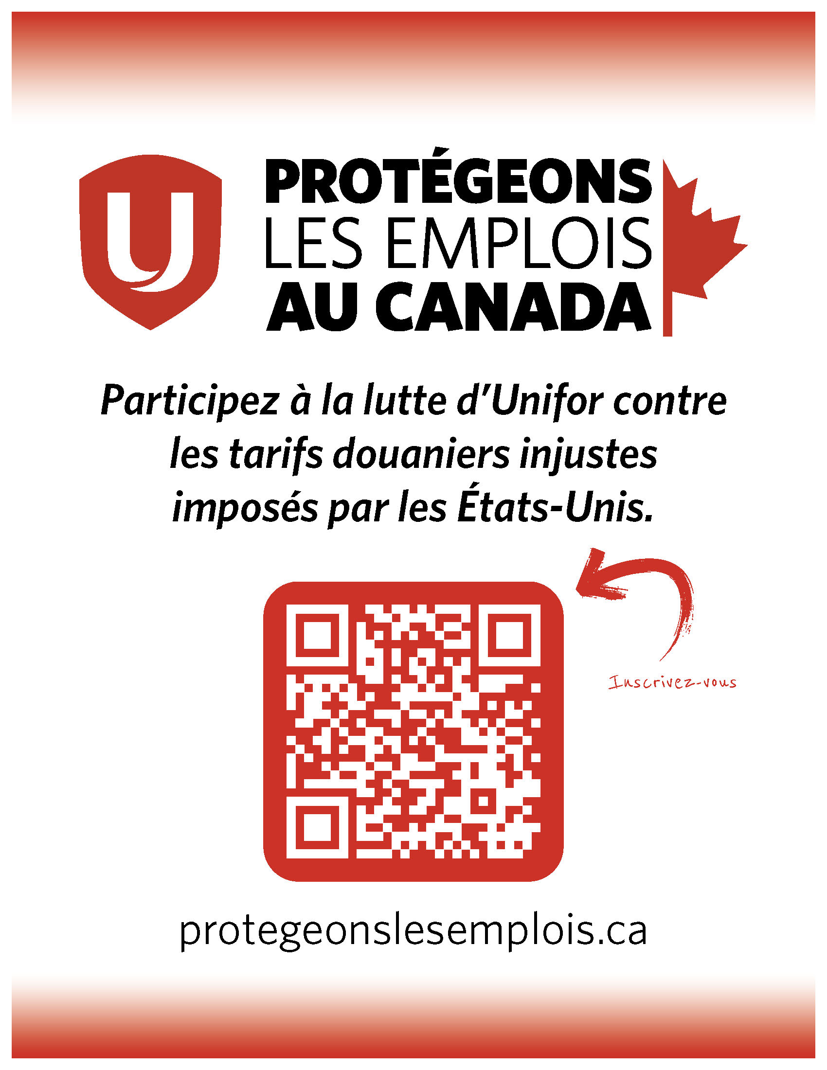 Le logo « Unifor protège les emplois canadiens », un bouclier, une demi-feuille d’érable et un code QR.