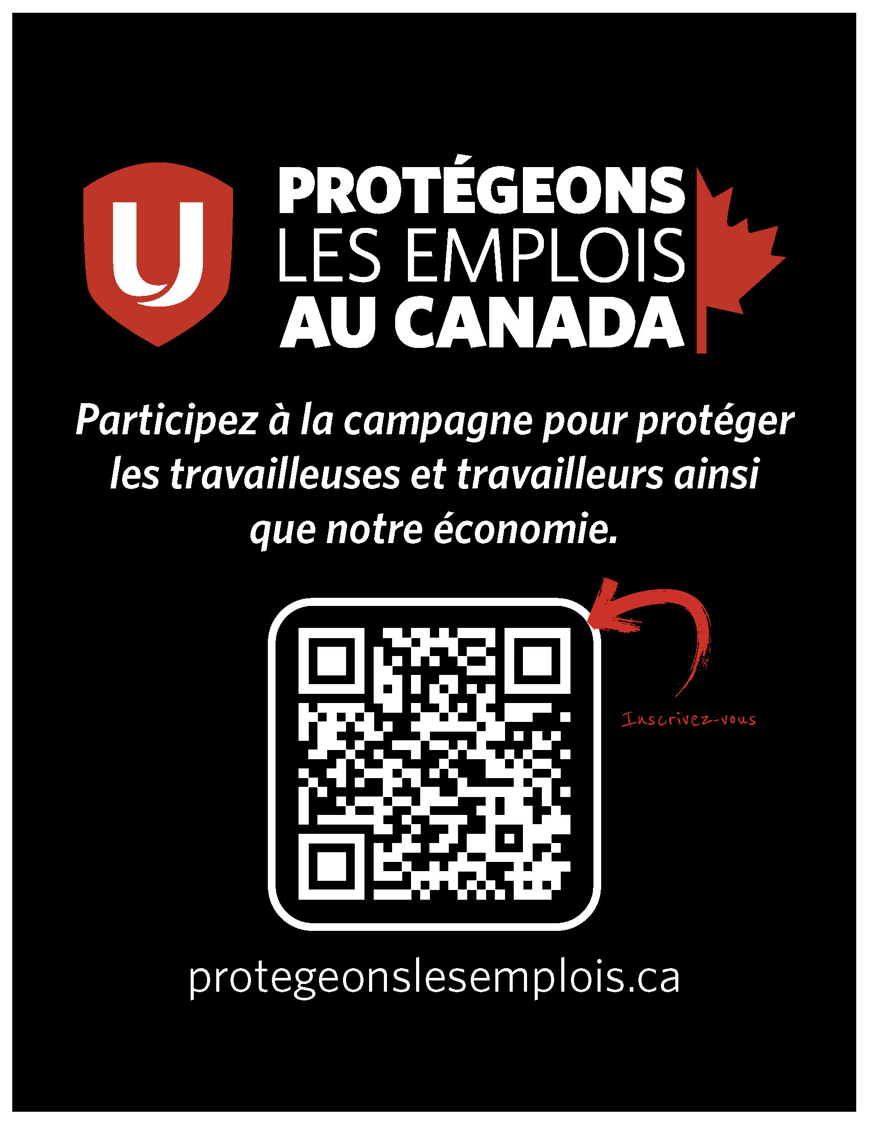 Le logo « Unifor protège les emplois canadiens », un bouclier, une demi-feuille d’érable et un code QR.