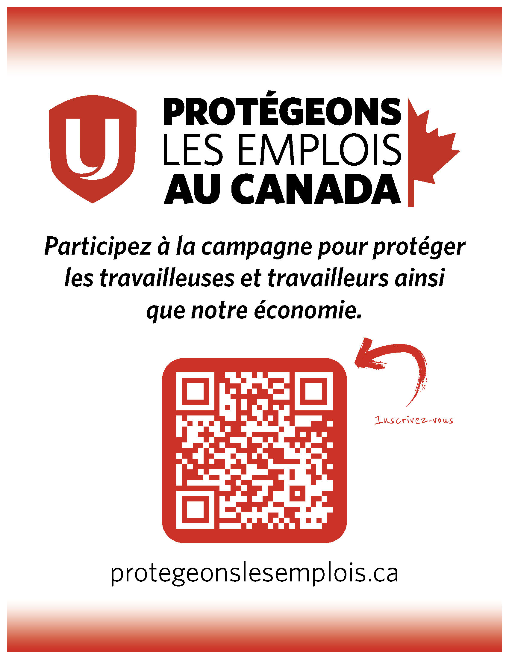 Le logo « Unifor protège les emplois canadiens », un bouclier, une demi-feuille d’érable et un code QR.