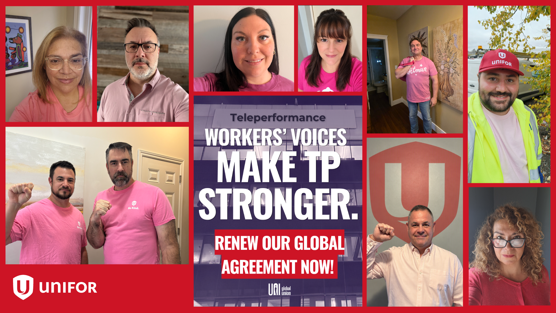 A collage of workers surrounding the text "Workers' voices make TP stronger"