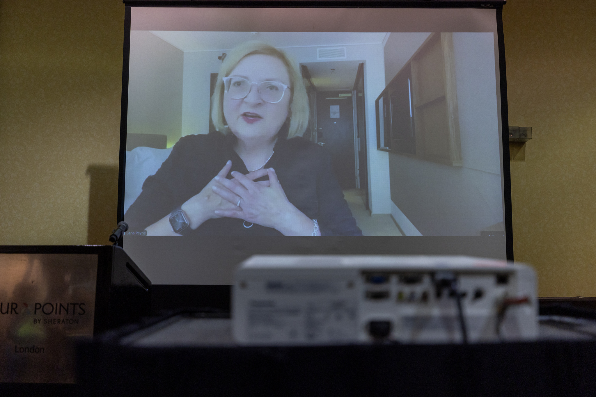 Woman on screen in meeting room