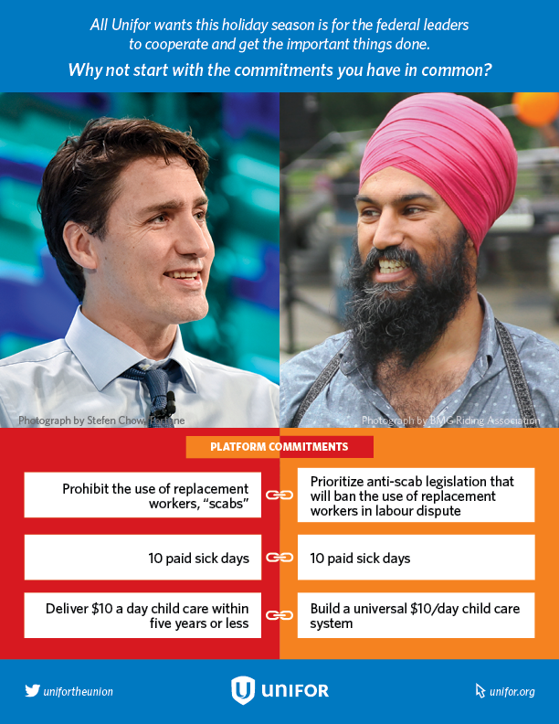 Unifor’s December 2021 iPolitics ad asks PM Trudeau and NDP leader Singh to cooperate. 