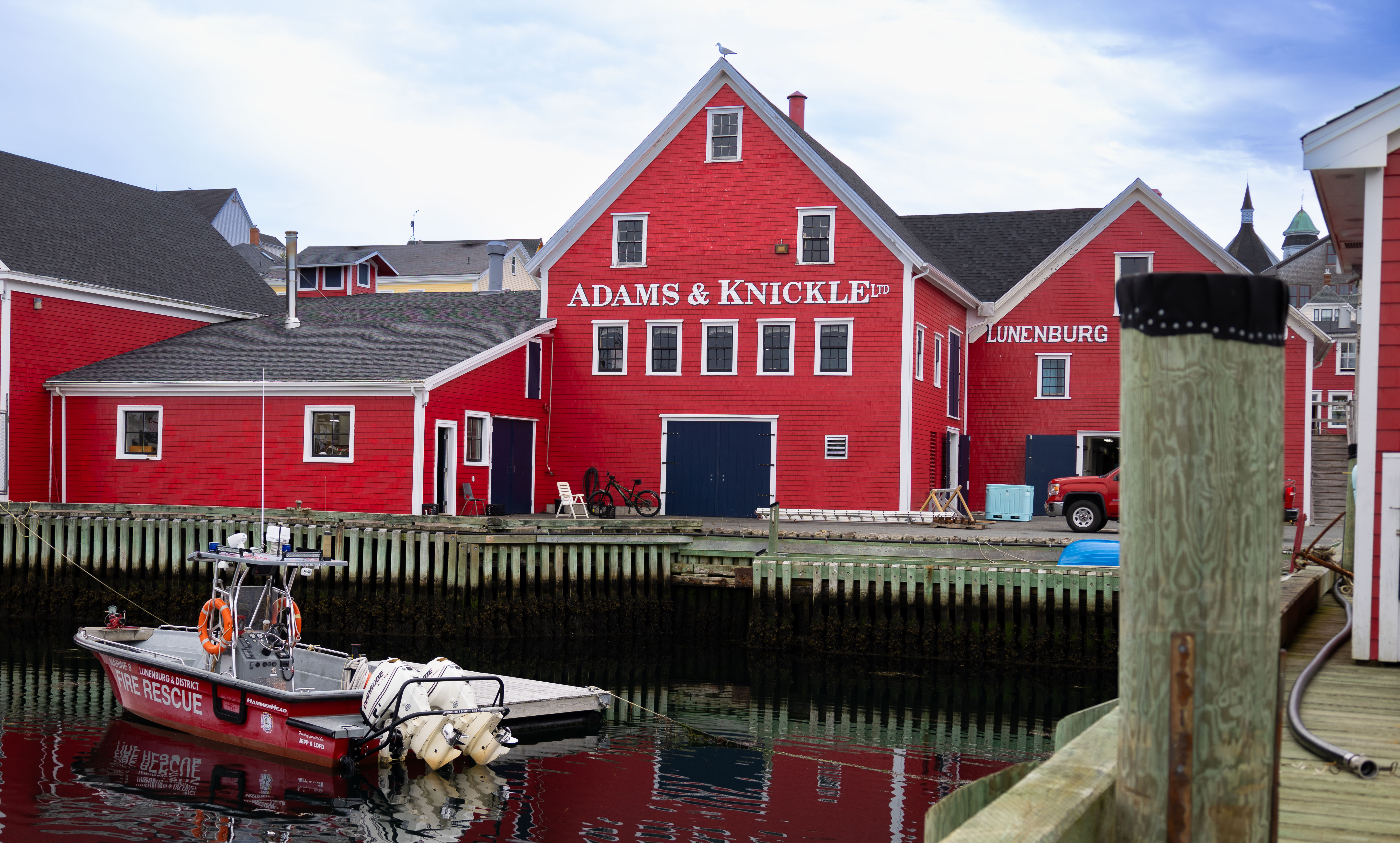 An exterior view of the waterside of the Adams and Knickle facility in Lunenberg, Nova Scotia.