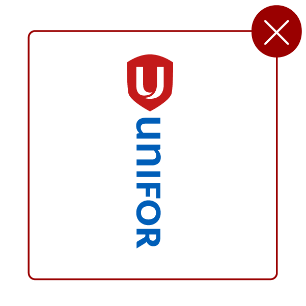 Unifor logo with the wordmark turned 90 degrees sideways to the shield.