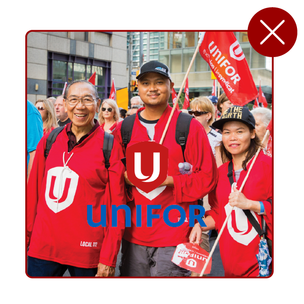 Unifor logo on a full colour photo of three people at a march