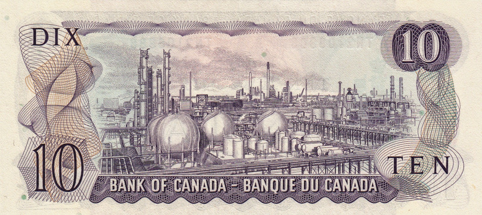 The back of a $10 Canadian bill showing an illustrated chemical facility with several spherical storage tanks.