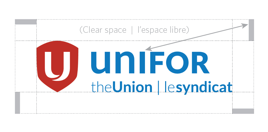 Unifor logo with outside clear space minimums indicated equal to the height of the "i" in Unifor