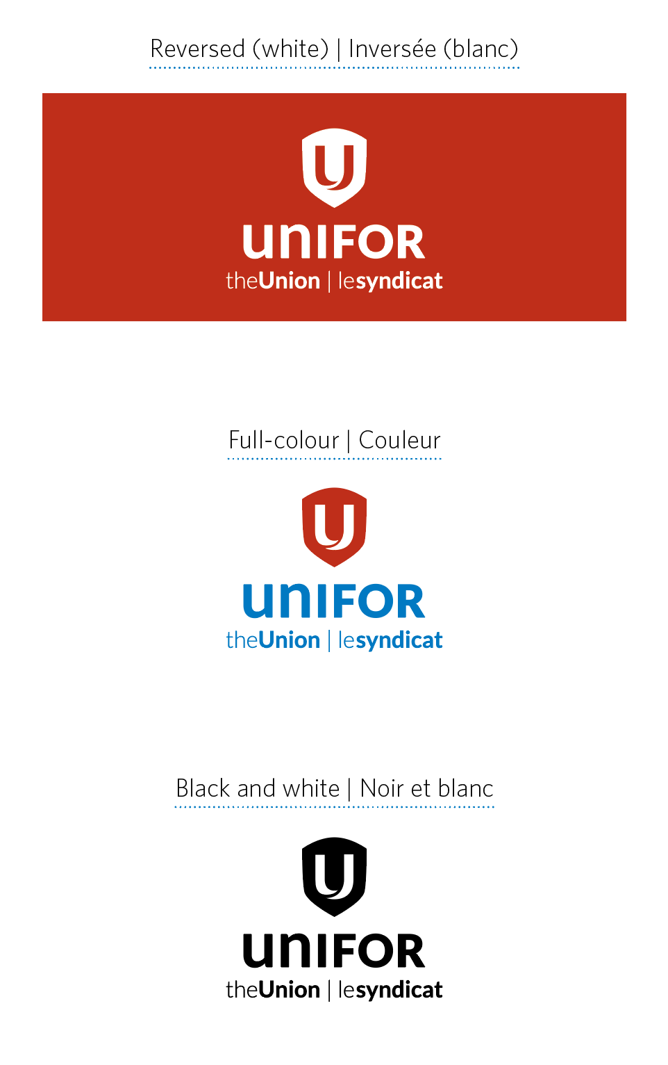 Unifor logo in three accepted colour variations, white, full-colour, and black