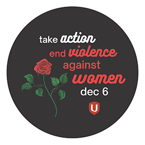 A single rose next to the text &quot;Take action to end violence against women December 6&quot; with the Unifor logo