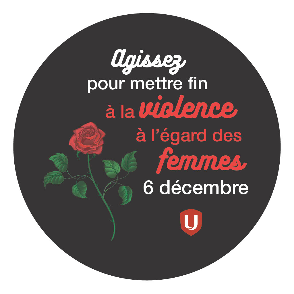 Un cercle noir avec une seule rose et le texte "agissez pour mettre fin à la violence à l'égard des femmes 6 décembre" et le logo d'Unifor