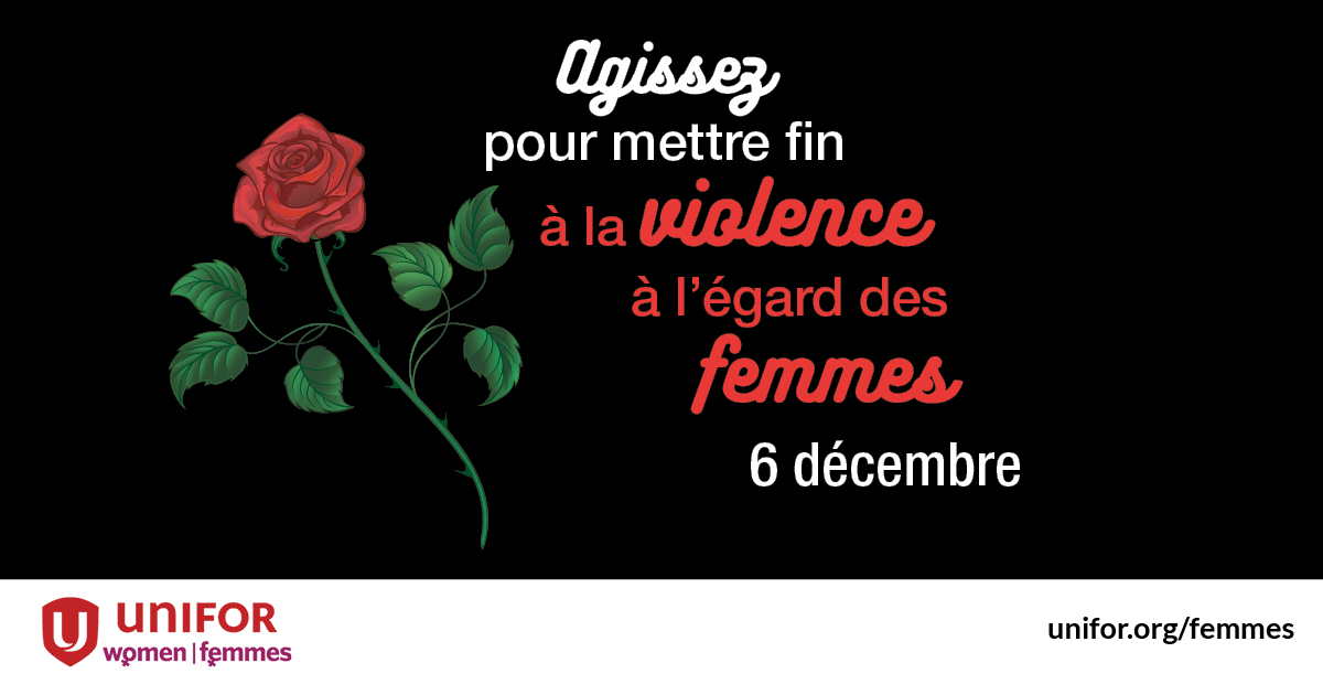 Une rose figure à côté du texte "Agissez pour mettre fin à la violence à l'égard des femmes - 6 décembre"