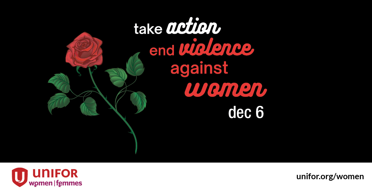 A rose sits next to the text "take action to end violence against women - December 6"