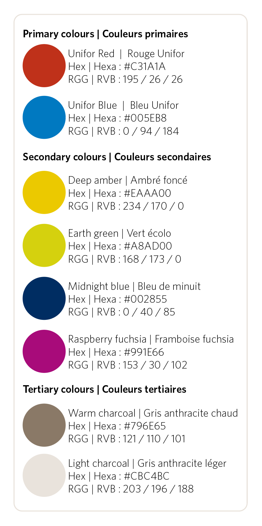 list of digital Unifor identity colours