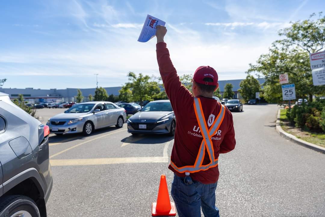A person wearing a safety vest holds up a flag