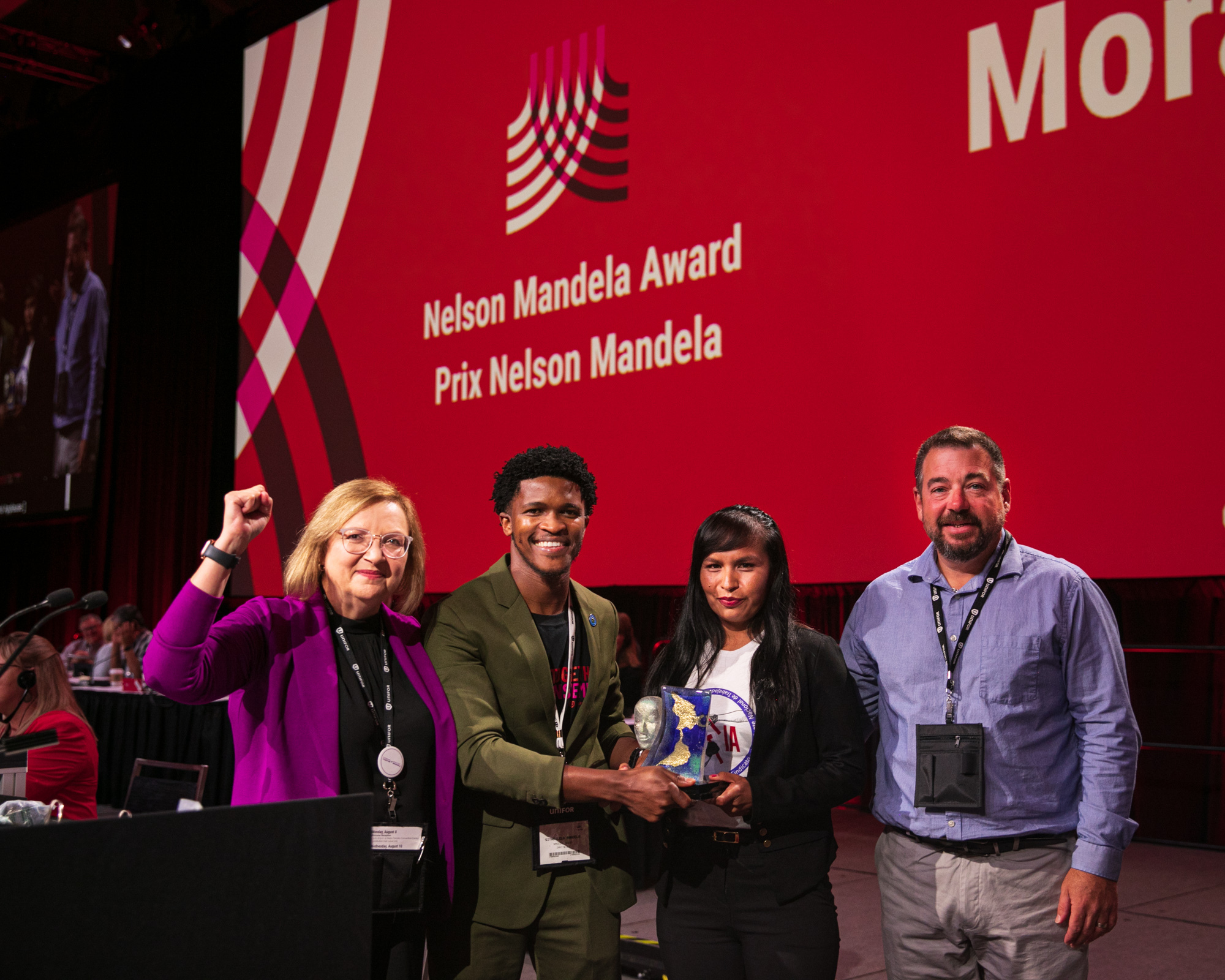 Unifor Secretary-Tresurer Lana Payne, Dr. Siyabulela Mandela, Alejandra Morales Reynoso and Daniel Cloutier