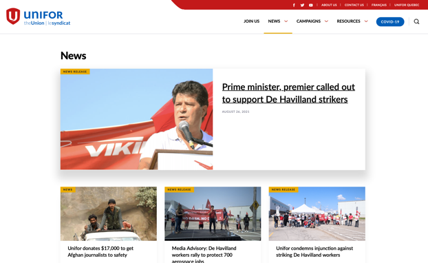 Screenshot of the homepage of Unifor's new website.