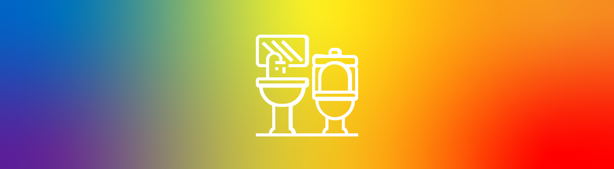 line illustration of a toilet, a sink, and a mirror on a bright gradient background