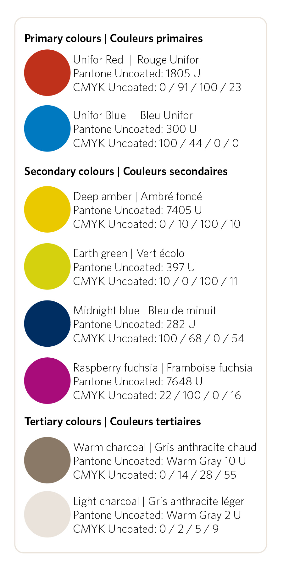 list of print Unifor identity colours