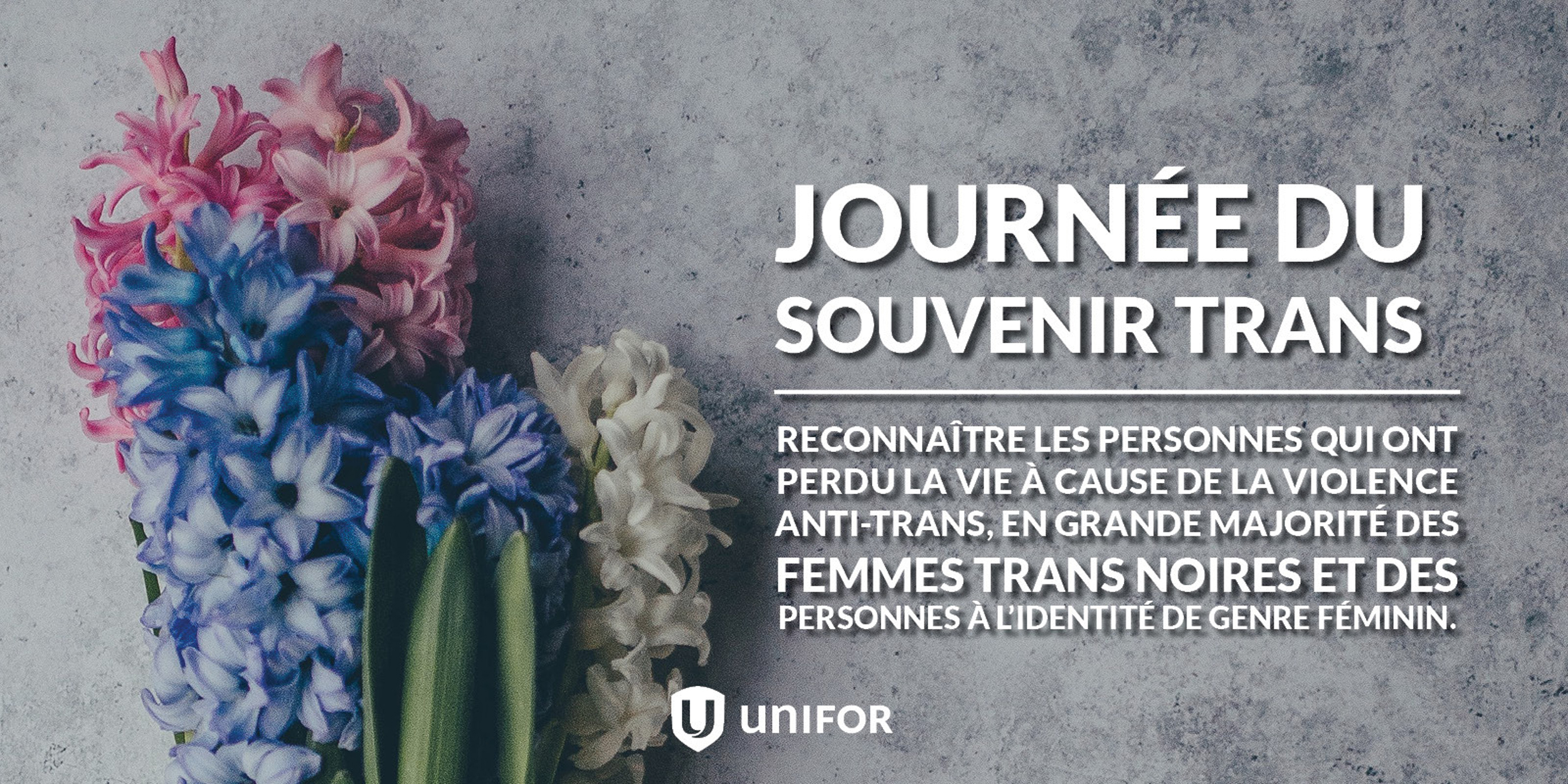 Fleurs roses, bleues et blanches. Le texte se lit comme suit : Trans day of rememberance, logo Unifor