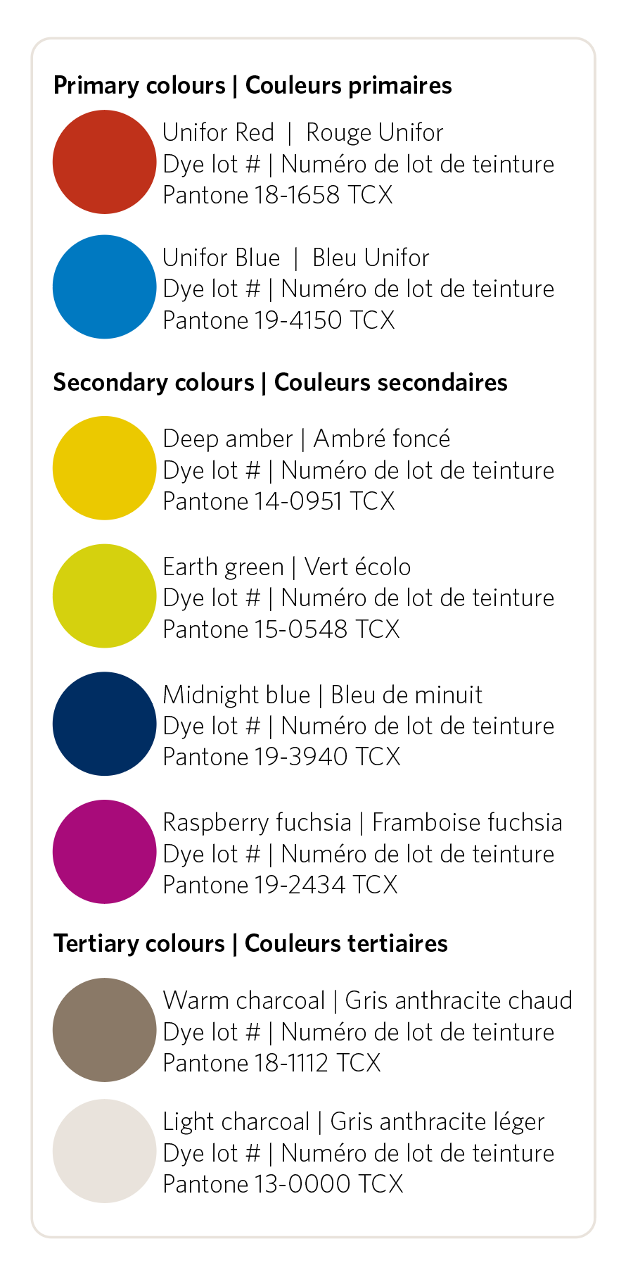 list of textile Unifor identity colours