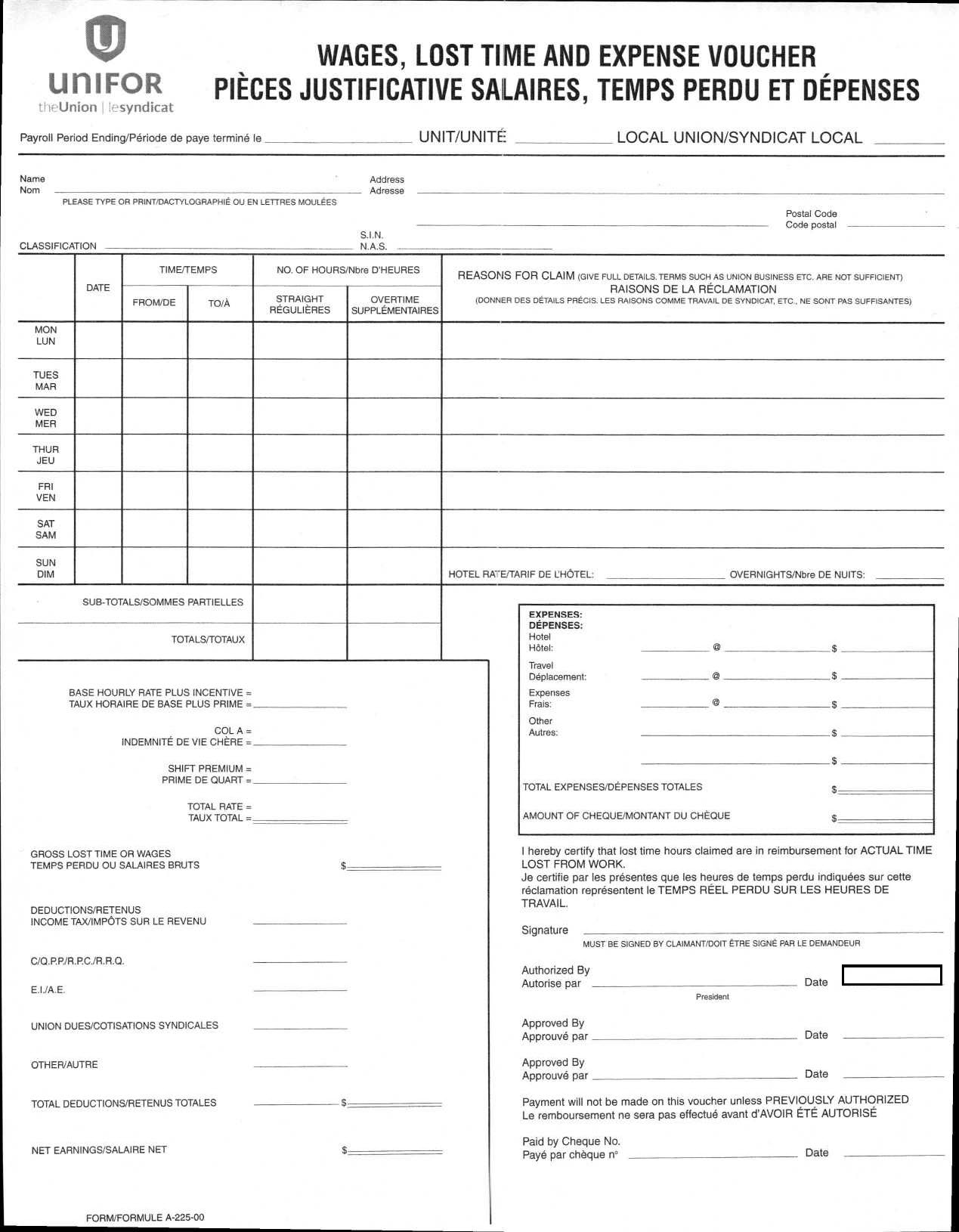 Formulaire de temps perdu d'Unifor