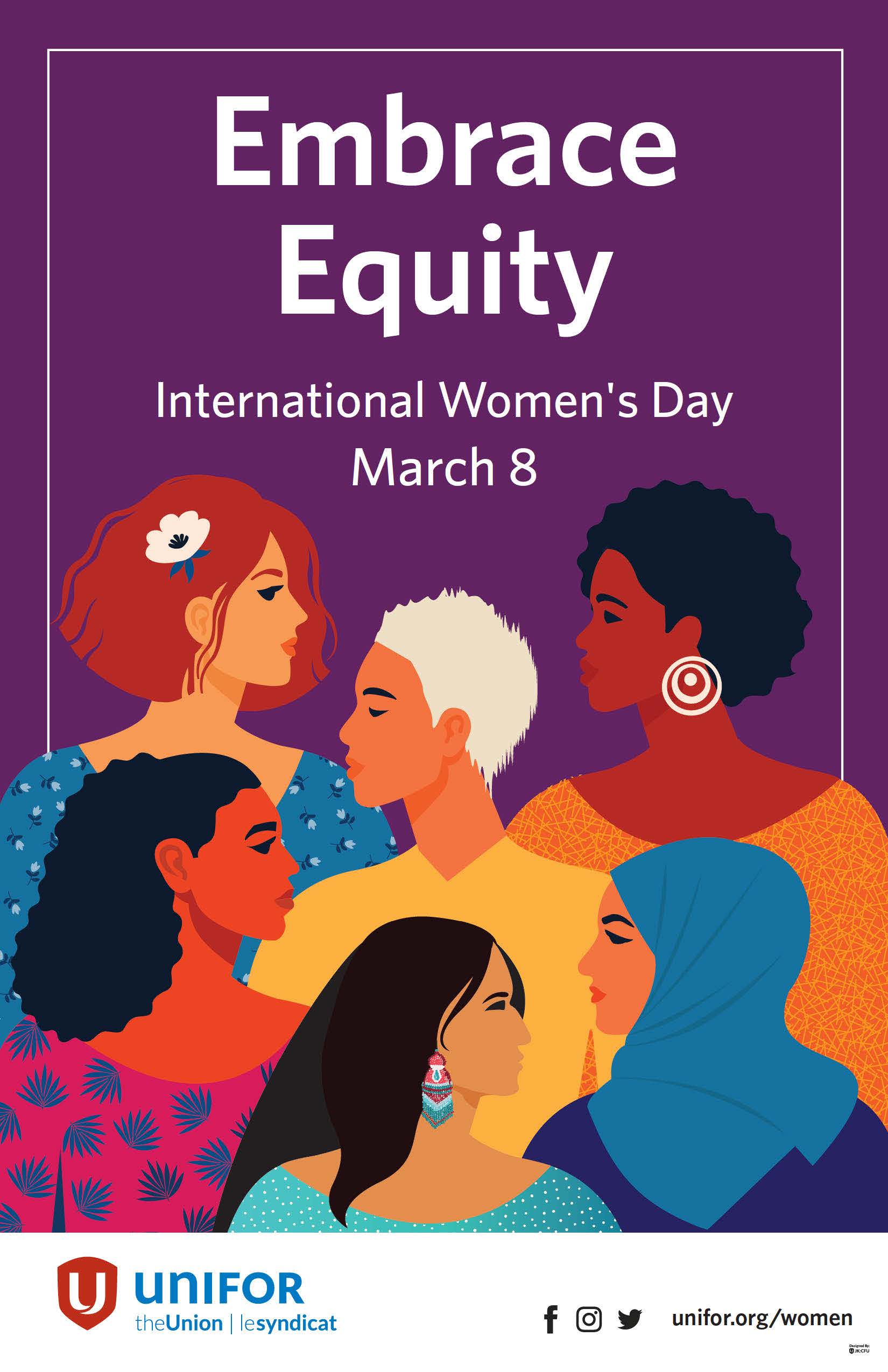 Illistration of five women. Embrace Equity International Women's Day