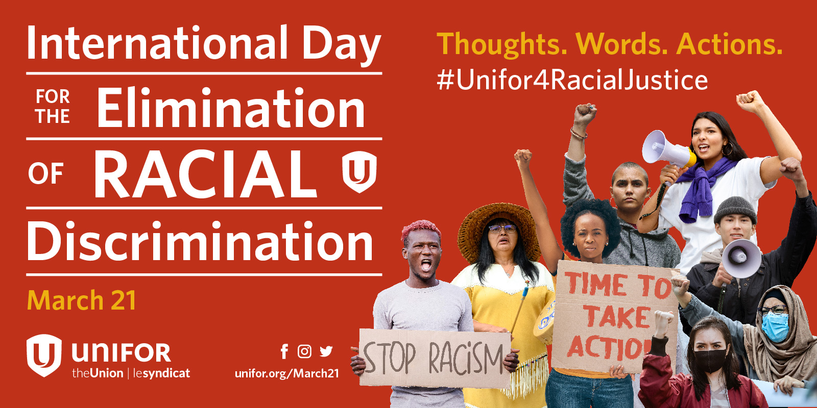 A diverse group of social activists with the text "International Day for the Elimination of Racial Discrimination"