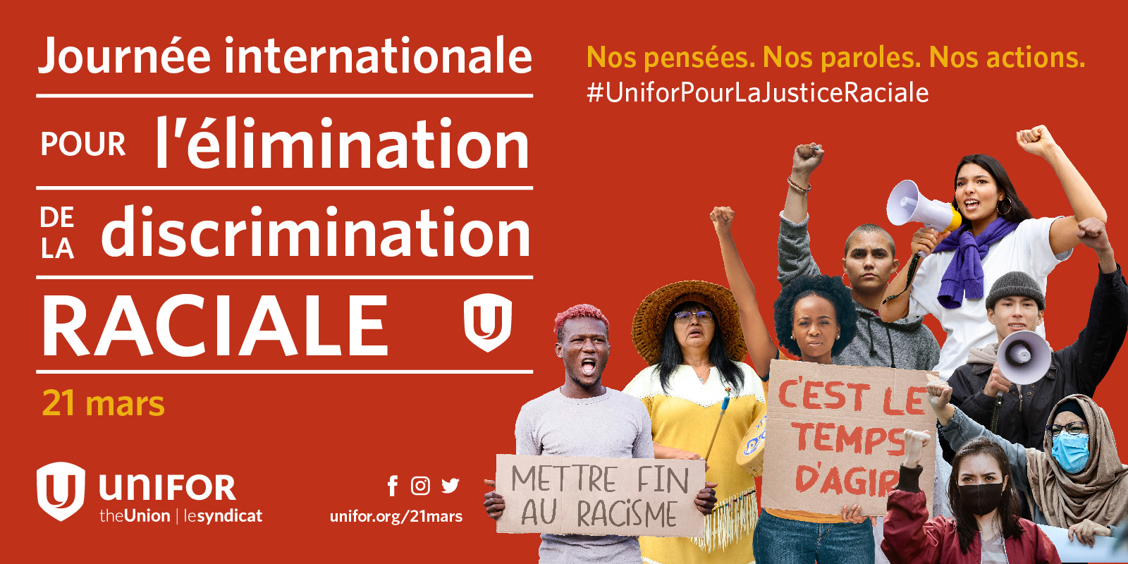 Un group diverse de militant avec le texte "Journée internationale pour l'élimination de la discrimination raciale"