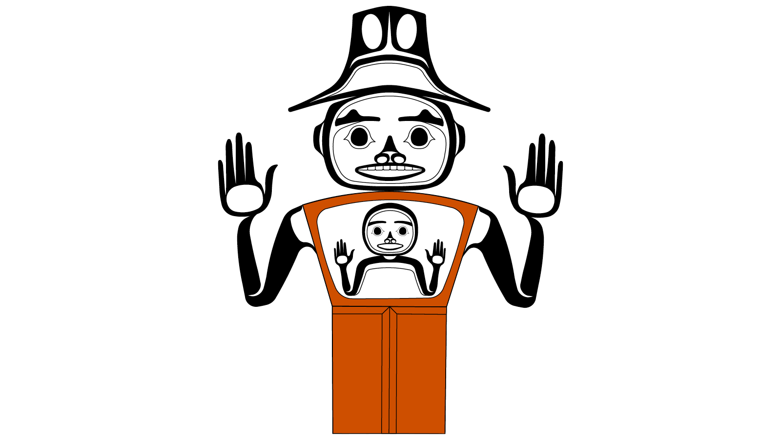 Haisla (First Nation) stylized person with hat and raised hands. A stylized child's image is inside chest.