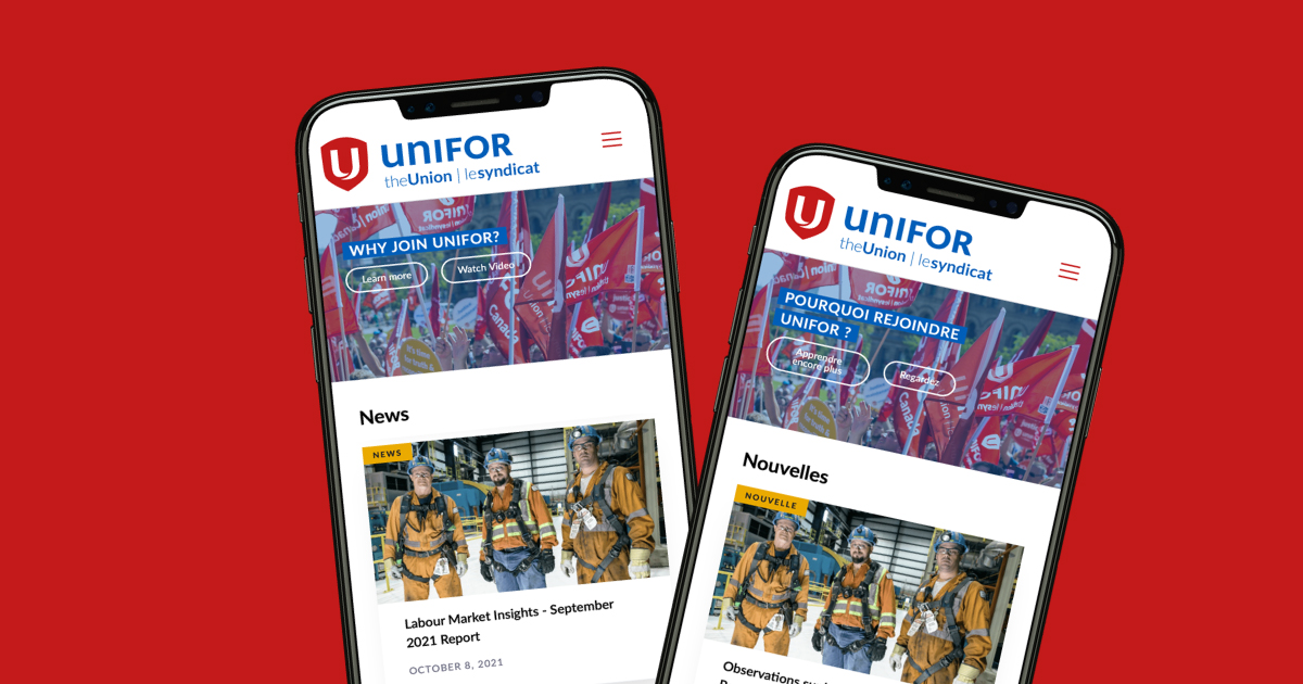 Two iPhones on a red background, one displaying the French unifor.org home page and the other displaying the English home page
