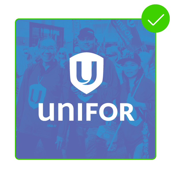 White Unifor logo on a photo that has a blue gradient map applied