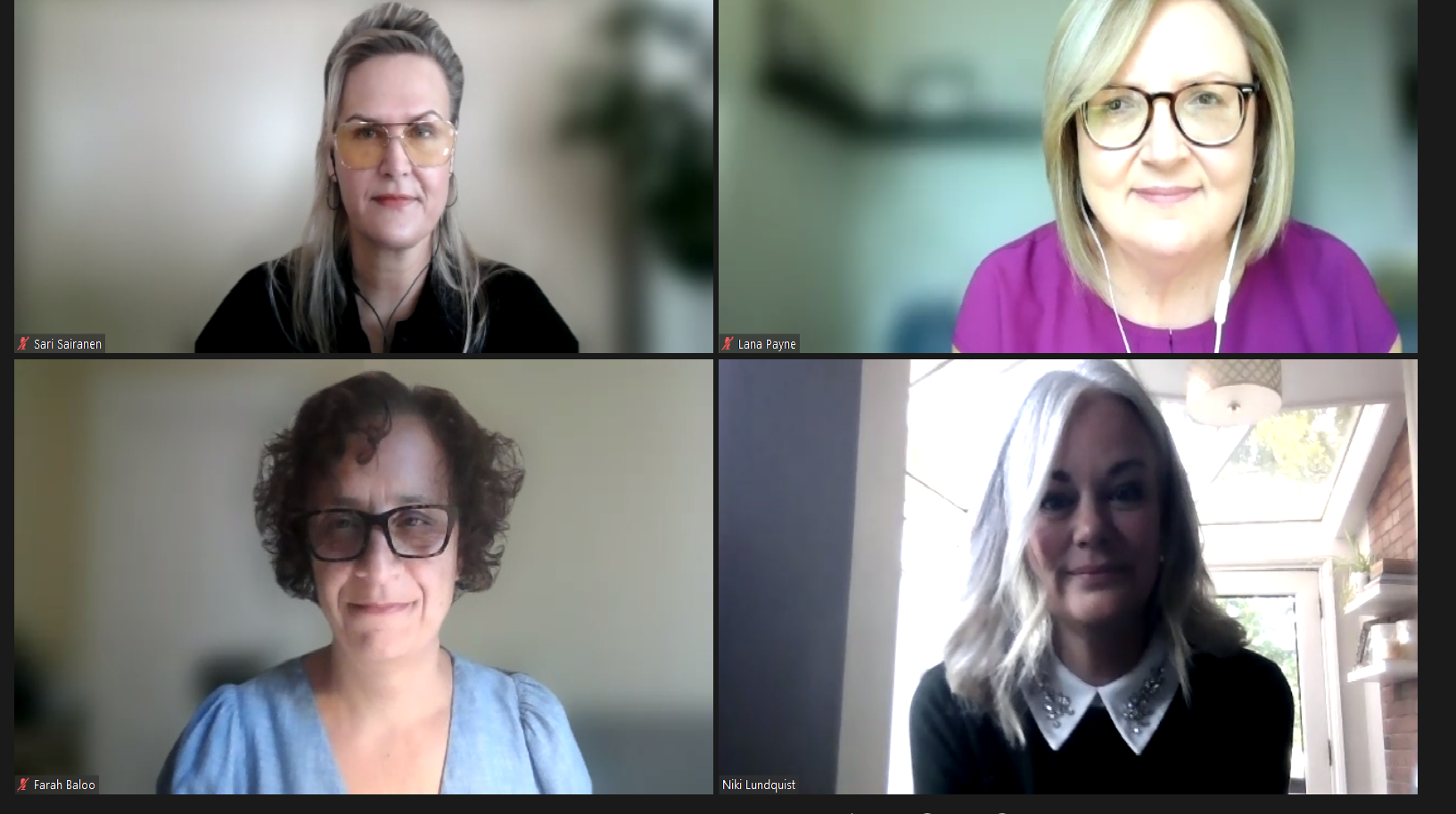 Four Zoom screens showing Unifor’s Sari Sairanen, Lana Payne, Farah Baloo and Niki Lundquist.