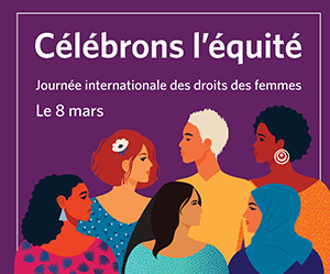 Un groupe diversifié de femmes avec le texte Célébrons l'équité Journée international des femmes