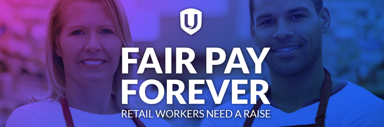 Two retail workers a woman and a man. Fair pay forever. Retail workers need a raise.