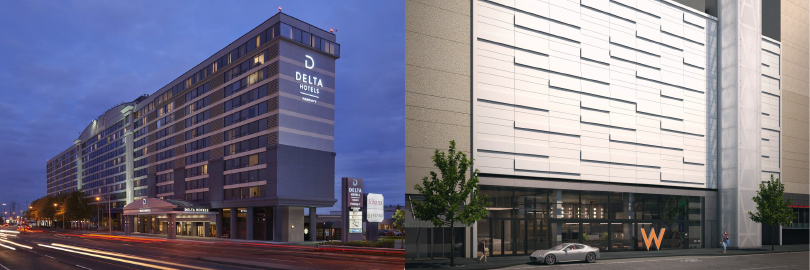 Exterior view of the Delta Airport Hotel and the W Hotel in Toronto.