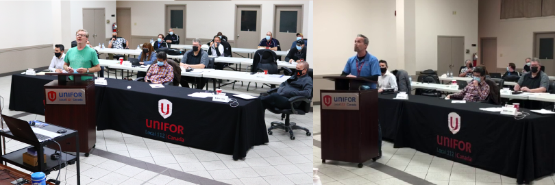 Unifor locals 112 and 673 bargaining committees attend a social distanced virtual meeting with De Havilland Aircraft Canada