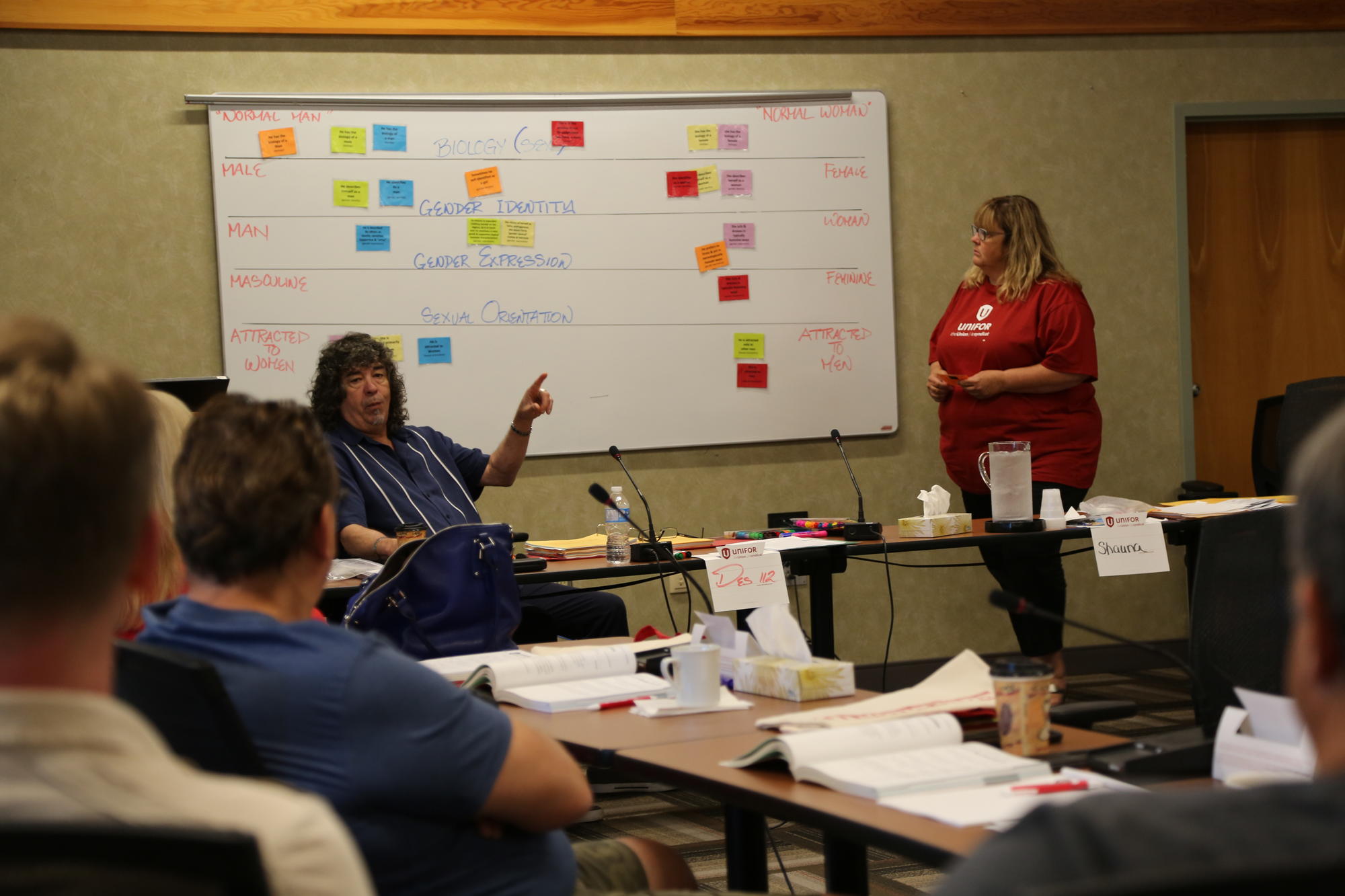 A Discussion Leader uses a white board to engage participants in a "Human Rights are Workers Rights" course.