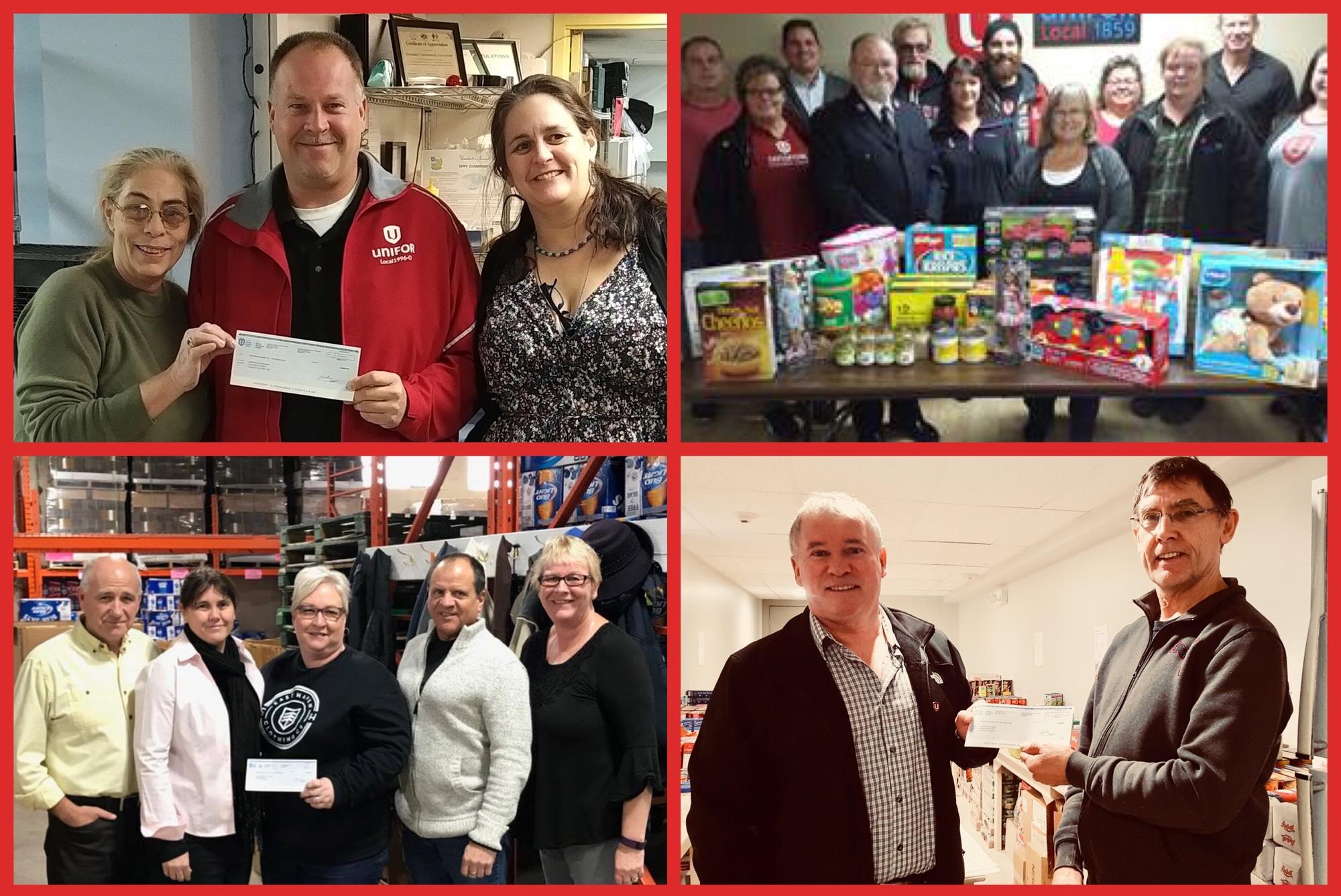 A collage of photos shows Unifor members presenting cheques to foodbanks.