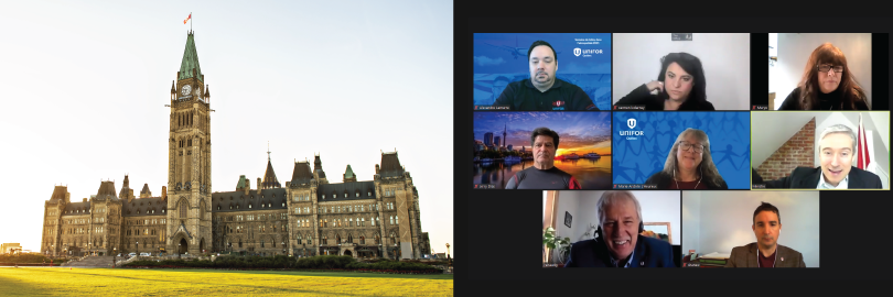 Photos of Parliament Hill and Unifor leadership in a Zoom lobbying meeting